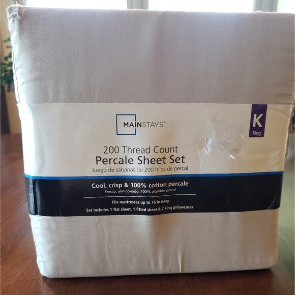 Mainstays Percale King sheet set 200 thread count new no pillow cases light gray - Picture 1 of 7